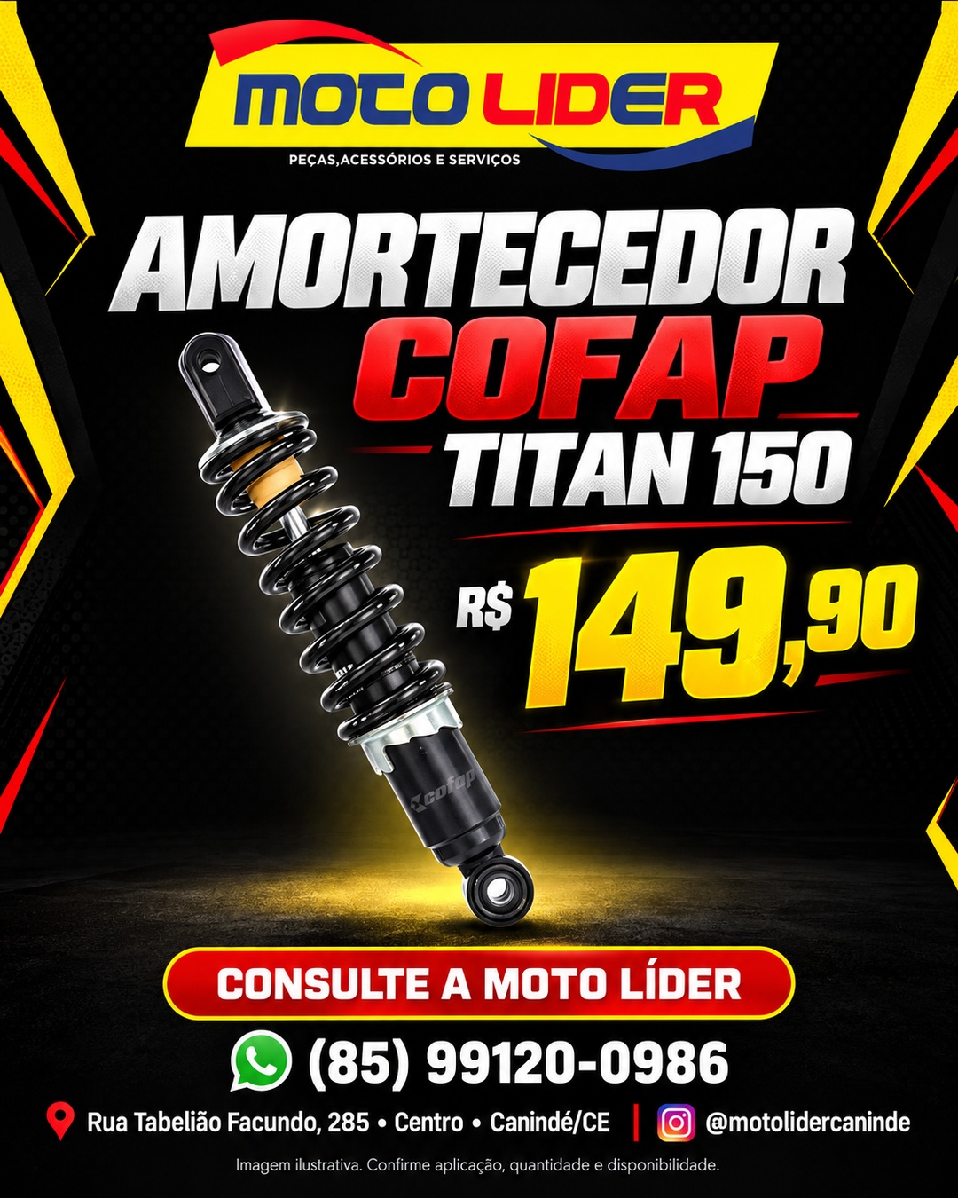 Oferta Moto Líder: amortecedor Cofap para Titan 150 por R$ 149,90. Imagem ilustrativa do amortecedor.
